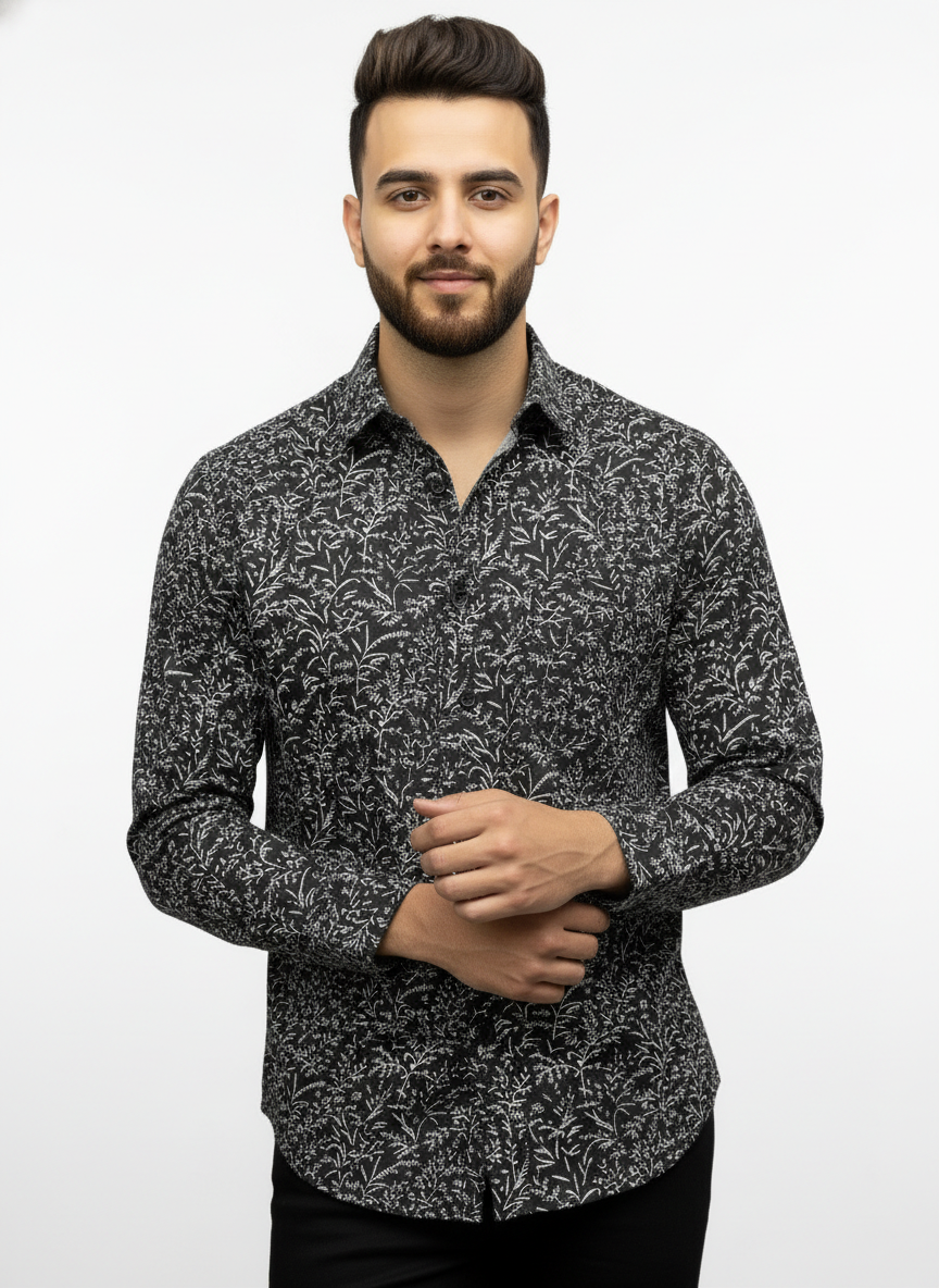 PSI Premium Black Printed Shirt for Men – Slim Fit Party & Casual Wear Shirt