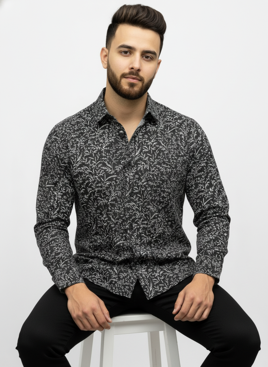 PSI Premium Black Printed Shirt for Men – Slim Fit Party & Casual Wear Shirt