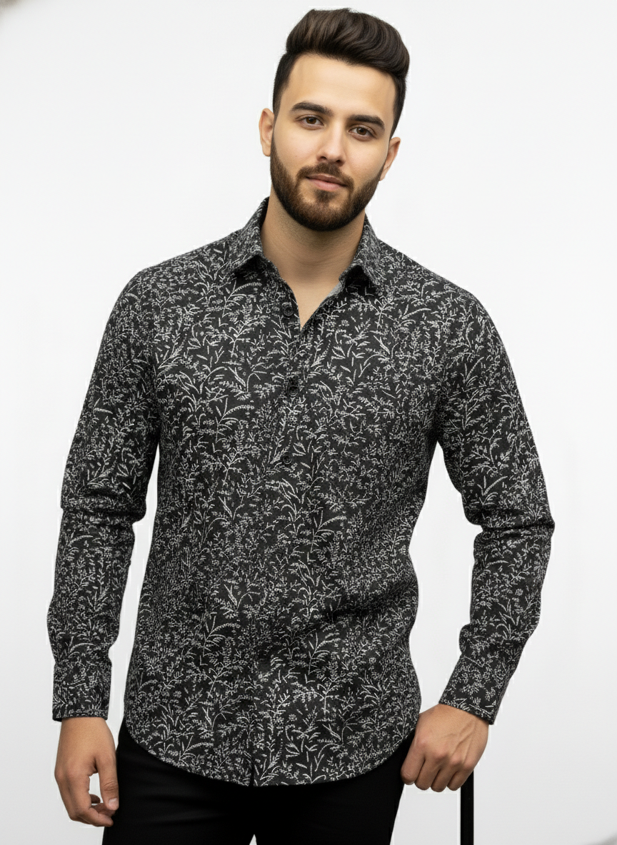PSI Premium Black Printed Shirt for Men – Slim Fit Party & Casual Wear Shirt