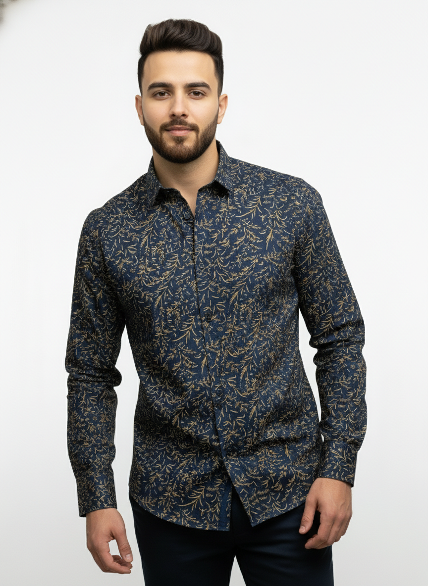 PSI Premium Navy Blue Printed Shirt for Men – Slim Fit Party Wear Shirt