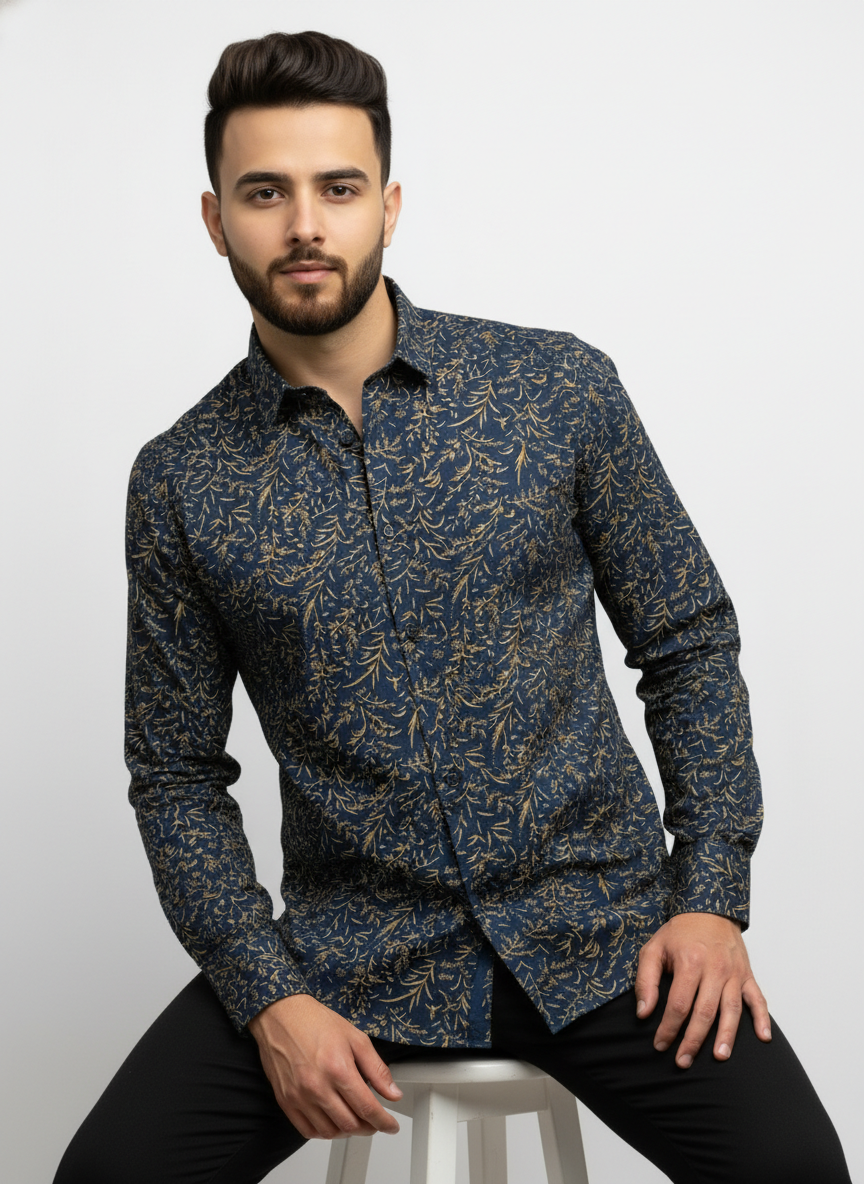 PSI Premium Navy Blue Printed Shirt for Men – Slim Fit Party Wear Shirt