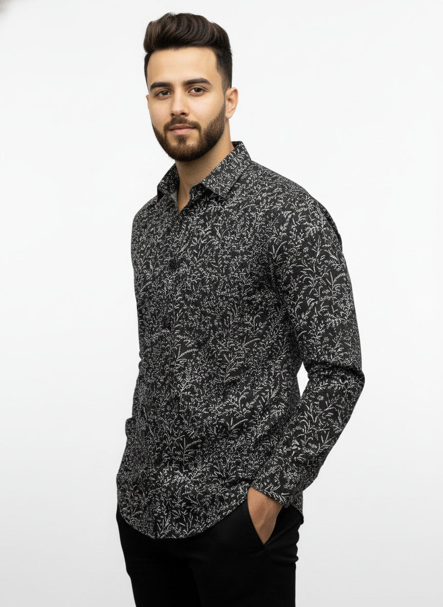 PSI Premium Black Printed Shirt for Men – Slim Fit Party & Casual Wear Shirt
