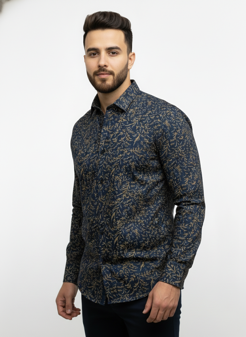 PSI Premium Navy Blue Printed Shirt for Men – Slim Fit Party Wear Shirt
