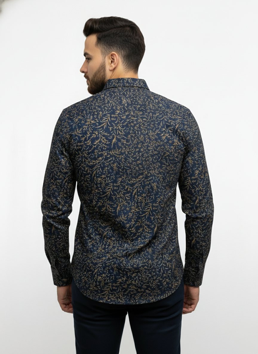 PSI Premium Navy Blue Printed Shirt for Men – Slim Fit Party Wear Shirt