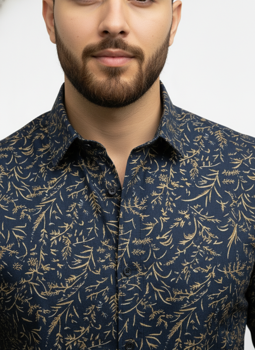 PSI Premium Navy Blue Printed Shirt for Men – Slim Fit Party Wear Shirt