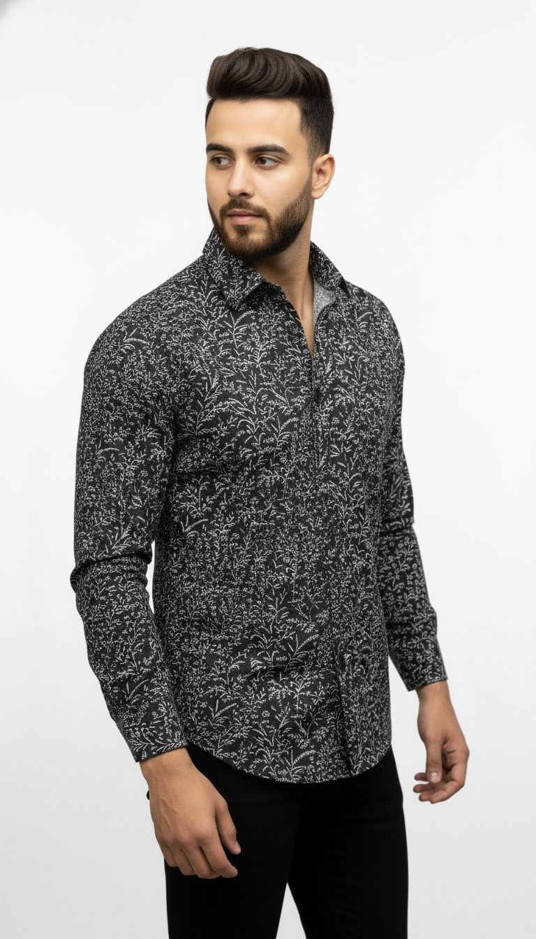 PSI Premium Black Printed Shirt for Men – Slim Fit Party & Casual Wear Shirt