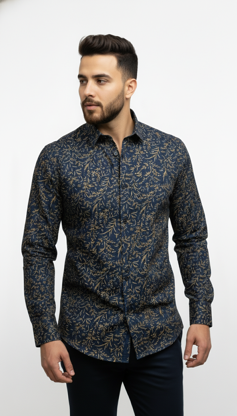 PSI Premium Navy Blue Printed Shirt for Men – Slim Fit Party Wear Shirt
